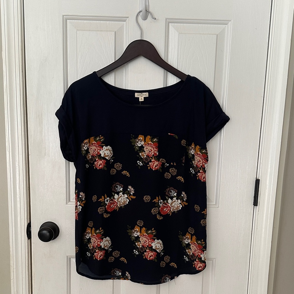 Floral Black and Orange Short Sleeve Blouse